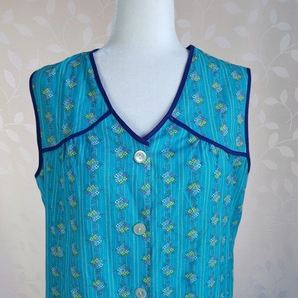 Vintage Cottagecore Floral Button Front Midi Dress Cerulean Blue Cotton V-Neck - Picture 3 of 15